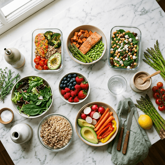 Colorful healthy meal prep on a marble countertop