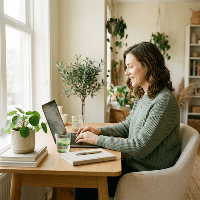 Focused woman working at a clean desk with natural light
